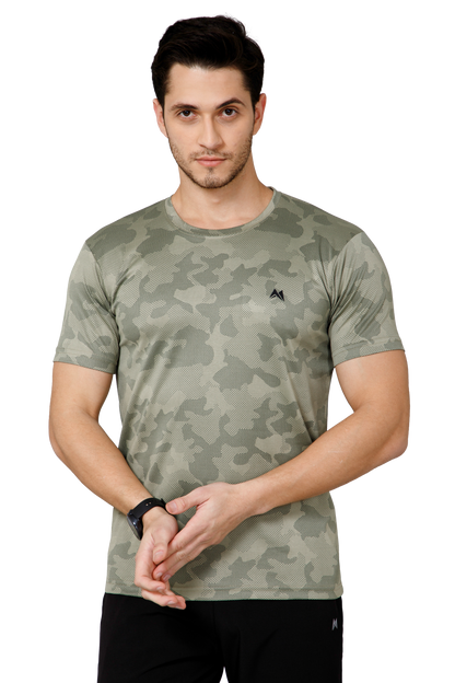 Mexofit Green Mens Regular Fit Camo Performance Round Neck T-Shirt