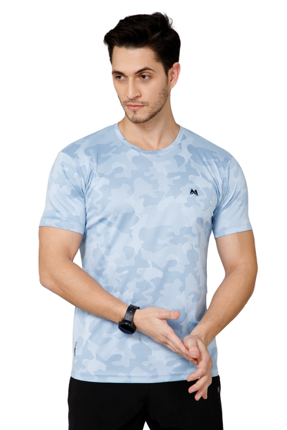 Mexofit Sky Blue Mens Regular Fit Camo Performance Round Neck T-Shirt