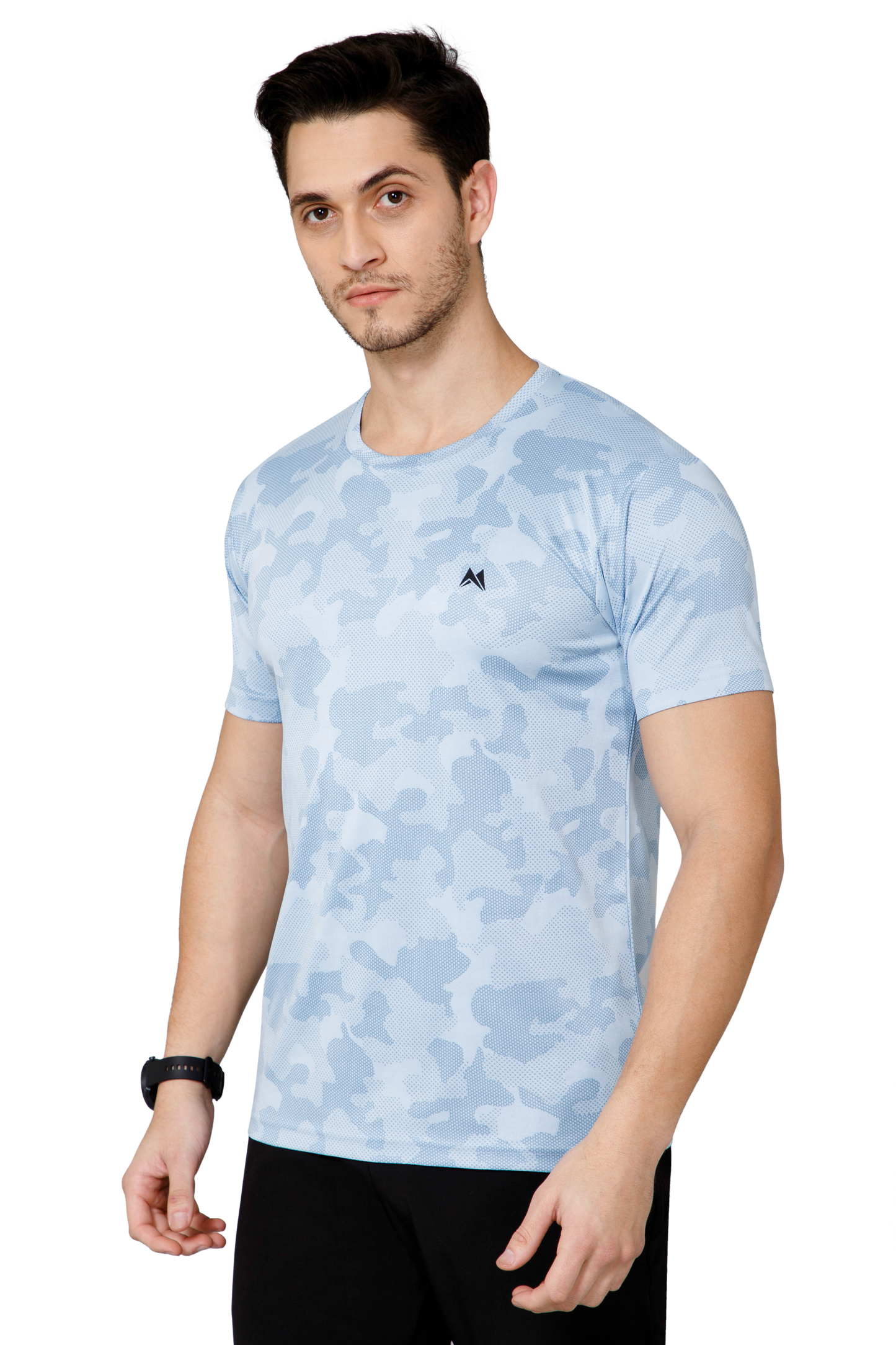 Mexofit Sky Blue Mens Regular Fit Camo Performance Round Neck T-Shirt