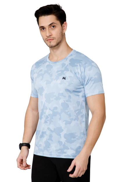 Mexofit Sky Blue Mens Regular Fit Camo Performance Round Neck T-Shirt
