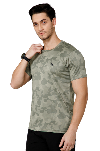 Mexofit Green Mens Regular Fit Camo Performance Round Neck T-Shirt
