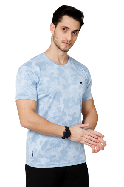 Mexofit Sky Blue Mens Regular Fit Camo Performance Round Neck T-Shirt