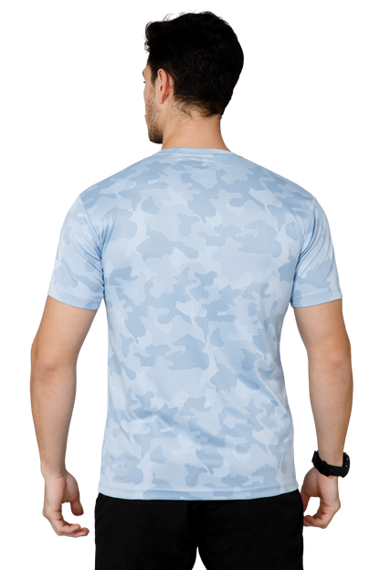Mexofit Sky Blue Mens Regular Fit Camo Performance Round Neck T-Shirt
