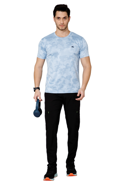 Mexofit Sky Blue Mens Regular Fit Camo Performance Round Neck T-Shirt