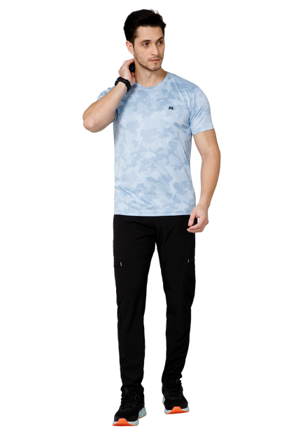 Mexofit Sky Blue Mens Regular Fit Camo Performance Round Neck T-Shirt